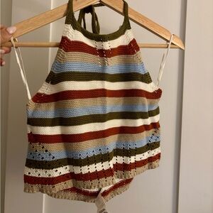 Garage Striped Knit Halter Tank Top in Olive, Cream, Rust & Sky Blue